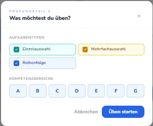 Auswahl von Aufgabentypen und Kompetenzbereichen in preXam